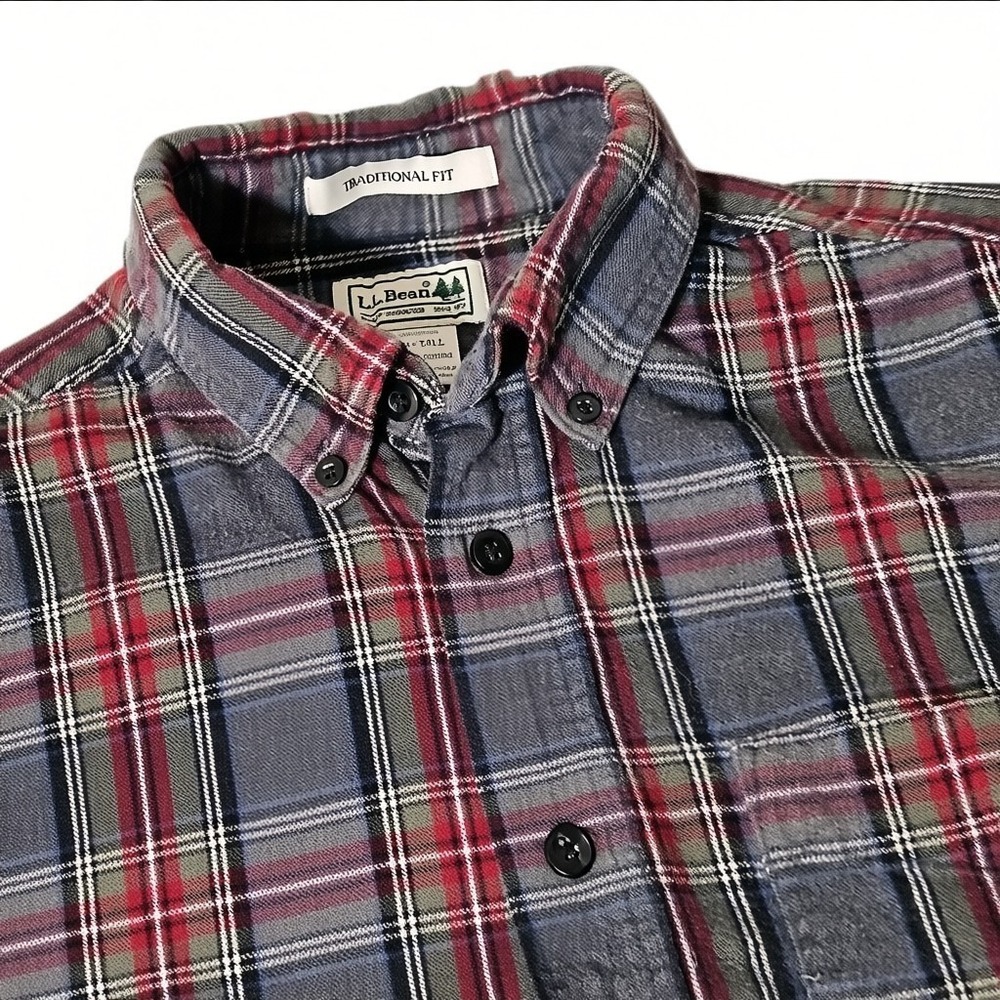 LL Bean Mens M Flannel Button Up Shirt Gray Red Plaid Medium Tall Long Sleeve